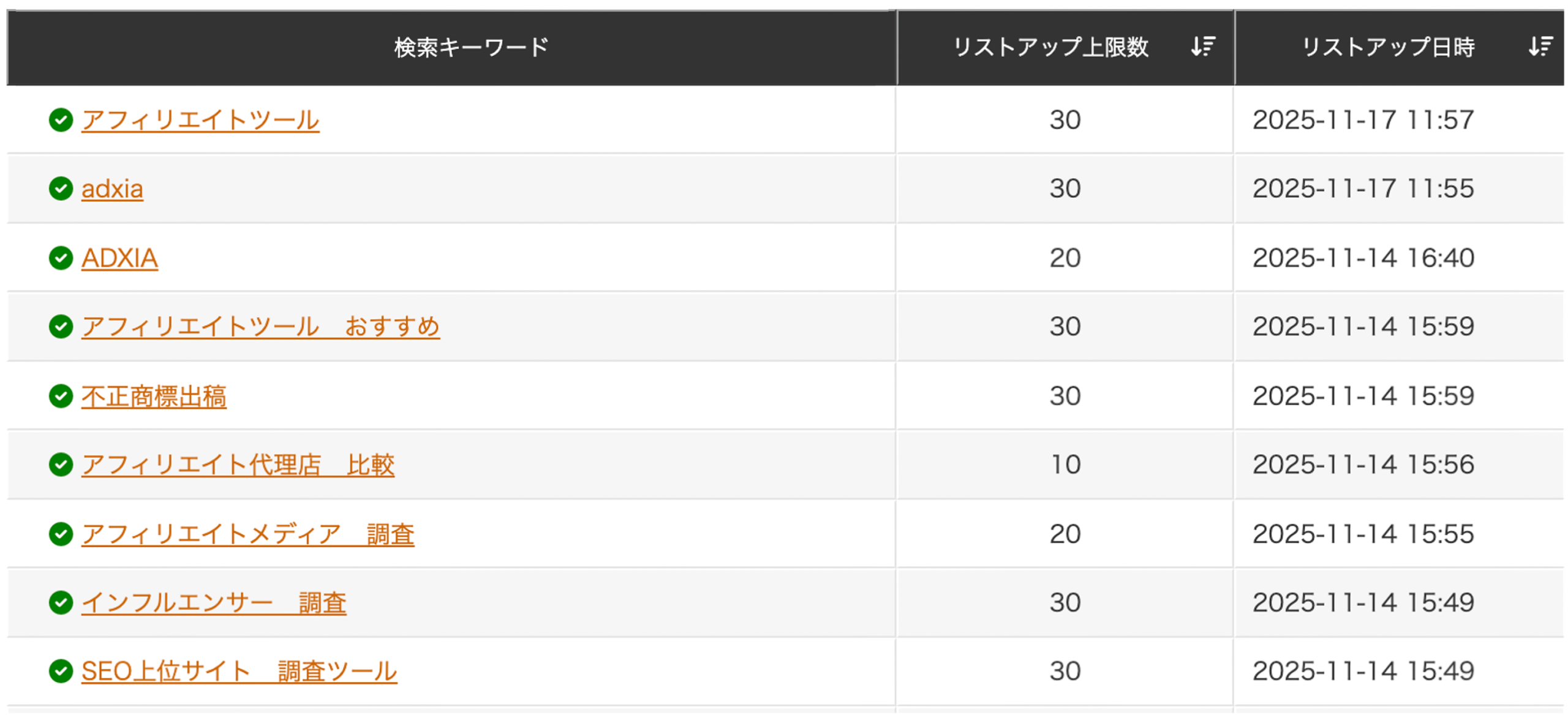 ADXIA メディアリクルーティングツール キーワード設定画面