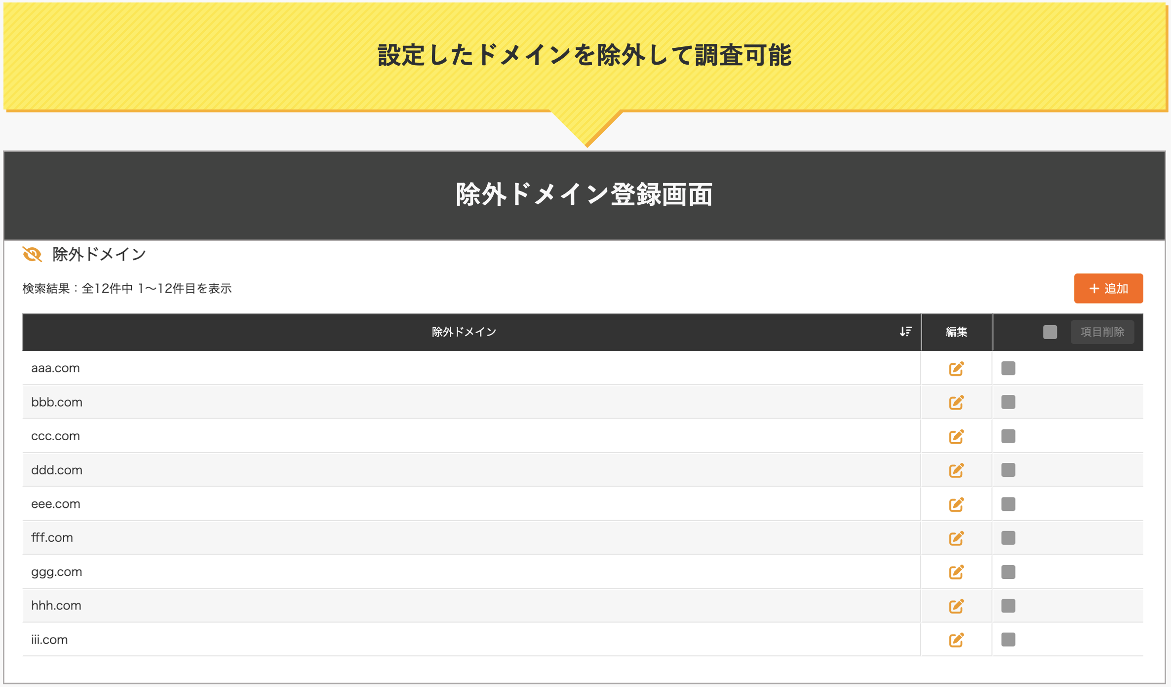 設定したドメインを除外して調査可能（除外ドメイン登録画面）